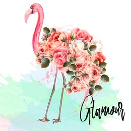 beautiful fashion vector illustration with pink flamingo and roses. glamour