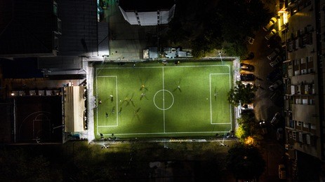 birds eye view of a soccer / football court
