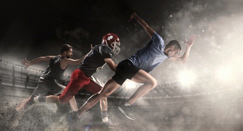 irresistible in attack. multi sports collage with running, basketball, american football players. conceptual photo with fit running athletes in motion or movement at stadium. sand and smoke. winners