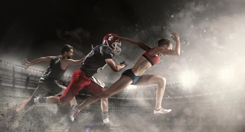 irresistible in attack. multi sports collage about basketball, american football players and fit running woman. conceptual photo with running athletes in motion or movement at stadium with sand, smoke