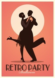 retro party poster. silhouettes of couple wearing clothes in the style of the twenties dancing charleston