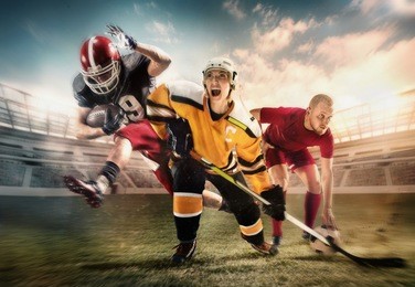 irresistible in attack. rage.multi sports collage with hockey, soccer, american football players. conceptual photo with emotional screaming running athletes - men, woman in motion at stadium. winners