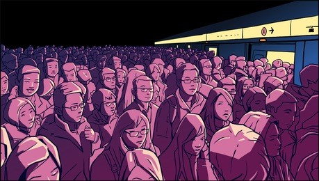 illustration of crowded metro, subway station. people boarding cart in rush hour.