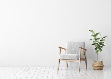 interior mock up with gray velvet armchair and fiddle leaf tree in wicker basket in living room with white wall. 3d rendering.