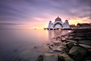 long exposure sunset over the malacca straits mosque (masjid selat). nature composition