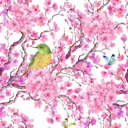 seamless pattern for fabric, wallpaper,japanese white-eye, butterfly, flowers and sakura tree on white background
