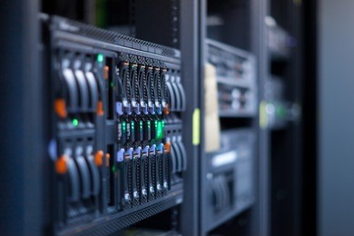 network servers in a data center. shallow depth of field