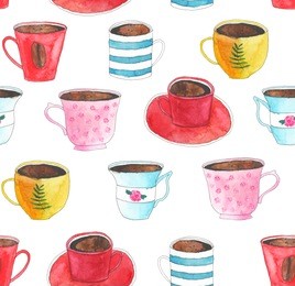 watercolor seamless pattern of color cups with coffee