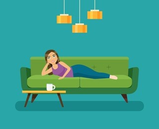 happy young woman dreams  and lying on sofa isolated. vector flat style illustration