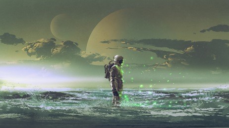 the astronaut standing by the sea against background of the planet, digital art style, illustration painting
