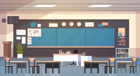 classroom interior empty school class with board and desks flat vector illustration
