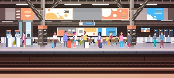 train station with people waiting on platform holding baggage transport and transportation concept horizontal banner vector illustration