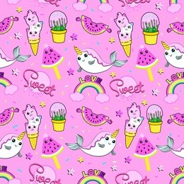 abstract seamless ice cream pattern. creative vector kids background with ice cream, cute eyes, cactus, stars, rainbow. funny kids pattern for textile and fabric. fashion ice cream pattern style.