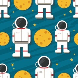 astronauts, moon and stars, hand drawn seamless pattern. colorful background vector, outer space. decorative colored wallpaper, good for printing. overlapping backdrop design, flat style