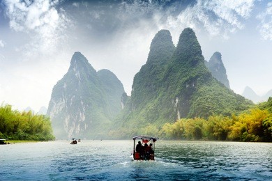 beautiful yu long river karst mountain landscape in yangshuo guilin, china