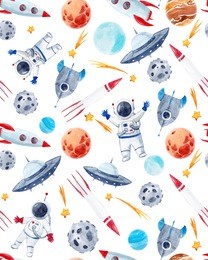 watercolor cutepattern  space illustrations , the man in the spacesuit of an astronaut, rocket, shooting star, flying saucer