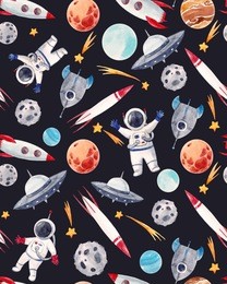 watercolor cutepattern  space illustrations , the man in the spacesuit of an astronaut, rocket, shooting star, flying saucer. mars, neptune, mercury, dark background