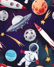 watercolor cutepattern  space illustrations , the man in the spacesuit of an astronaut, rocket, shooting star, flying saucer. mars, neptune