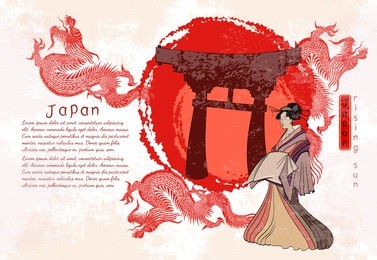 asian culture. traditional japanese culture, red sun, dragons and geisha woman. japan art. geisha and dragon