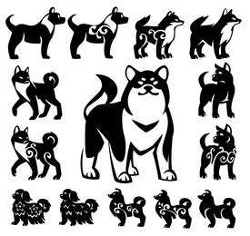 decorative illustrations of chinese and japanese dogs.