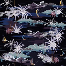summer night  beautiful seamless island pattern on white background. landscape with palm trees,beach and ocean vector hand drawn style on dark black color background.