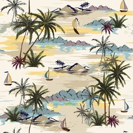 vintage beautiful seamless island pattern  landscape with palm trees,beach and ocean vector hand drawn style on light beige color background.