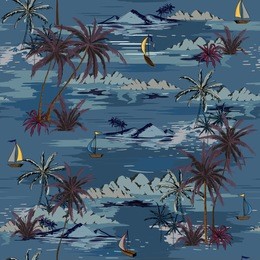 beautiful seamless island pattern on white background. landscape with palm trees,beach and ocean vector hand drawn style.