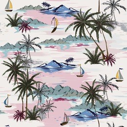 beautiful seamless island pattern on white background. landscape with palm trees,beach and ocean vector hand drawn style.