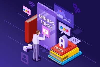 learning from textbook this is a foreign concept illustration. e-learning and teaching theme. student in front of gadget near textbooks and english abc alphabet. 3d isometric flat design.