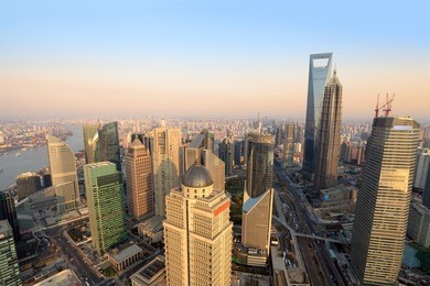 aerial view of shanghai lujiazui finance and trade zone at dusk from the oriental pearl tv tower
