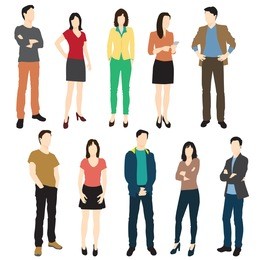 set of men and women standing, in various poses, cartoon character,  people, business, group, vector silhouette, flat designe icon, different colors, isolated on white background