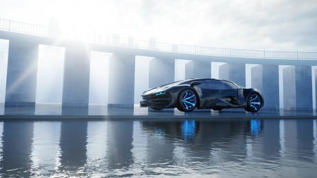black futuristic electric car on seafront. urban fog. concept of future. 3d rendering.