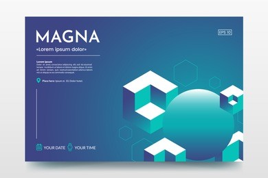 horizontal minimalistic poster with isometric cubes and place for text. abstract colorful isometric background. use for party invitation, presentation, conference invite, avertising, web page, flyer.