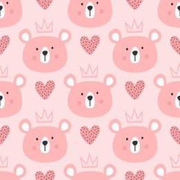cute seamless pattern for children. repeated heads of bears with crowns and hearts. drawn by hand. endless girly vector illustration.