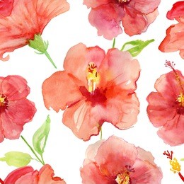 hibiscus flowers. watercolor seamless floral pattern