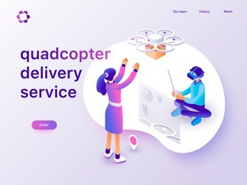 drone delivery service concept with people controlling quadcopter via vr headset. landing page template. 3d vector isometric illustration.