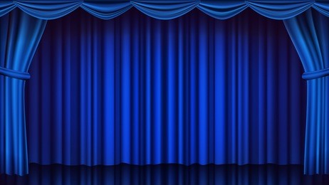 blue theater curtain vector. theater, opera or cinema closed scene. realistic blue drapes illustration

