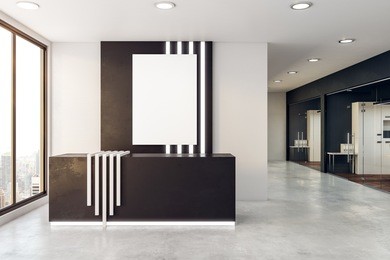 side view of modern reception desk in office interior with empty billboard. mock up, 3d rendering 