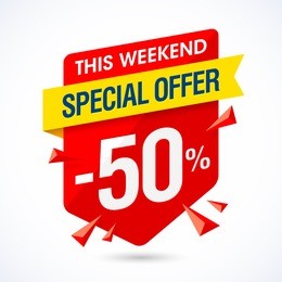 this weekend special offer sale banner, half price discount, 50% off, vector illustration