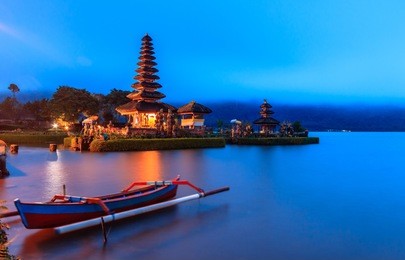landmark of bali  pura ulun danu bratan temple  beratan lake in bali indonesia