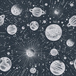 seamless pattern with stars, satellites and other celestial bodies in outer space. backdrop with planets orbiting sun hand drawn in black and white colors. vector illustration in dotwork style.