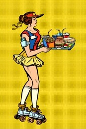 retro fast food waitress on roller skates. comic book cartoon pop art vector illustration