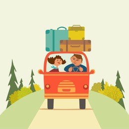 travelling by car icon. young happy travellers couple take a trip by minivan. family go on microbus journey, summer vacation. touring by auto. cute fancy cartoon. colorful humor vector illustration