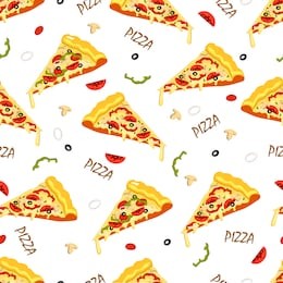 seamless vector pattern with slices of pizza and ingredients around on a white background. an appetizing pattern.