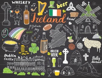 ireland sketch doodles. hand drawn irish elements set with flag and map of ireland, celtic cross, castle, shamrock, celtic harp, mill and sheep, whiskey bottles and irish beer, vector on chalkboard.