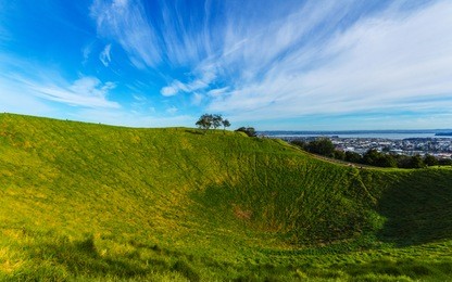 mt eden crater and view to auckland new zealand; lovely morning time; walking track around the crater.