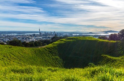 mt eden crater and view to auckland new zealand; lovely morning time; auckland is the largest city in new zealand