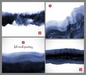 set of blue ink wash painting textures on white background. vector illustration. contains hieroglyphs - double luck, clarity