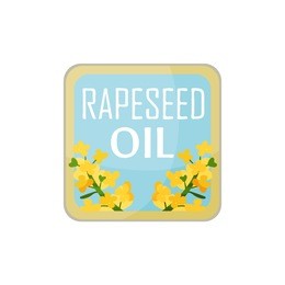 square label with bright-yellow rapeseed flowers and text. packaging design for organic and healthy product. flat vector element for vegetable oil bottle or promo poster