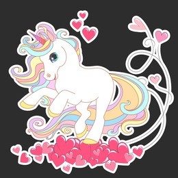 unicorn vector illustration for children design. white unicorn rainbow hair. cute fantasy animal. love background